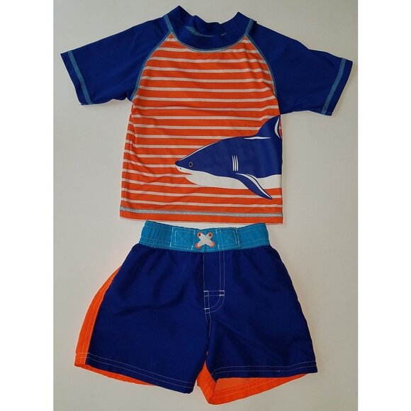 iXTREME Swim Shirt Shorts Baby 18 Months Trunks Rashguard Shark Blue Orange - Picture 1 of 8